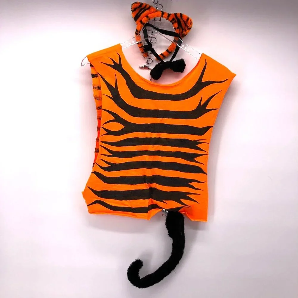 4 Piece Tiger Cat Costume Hand Painted & Cut Tee, Tail, Ears & Necktie Halloween